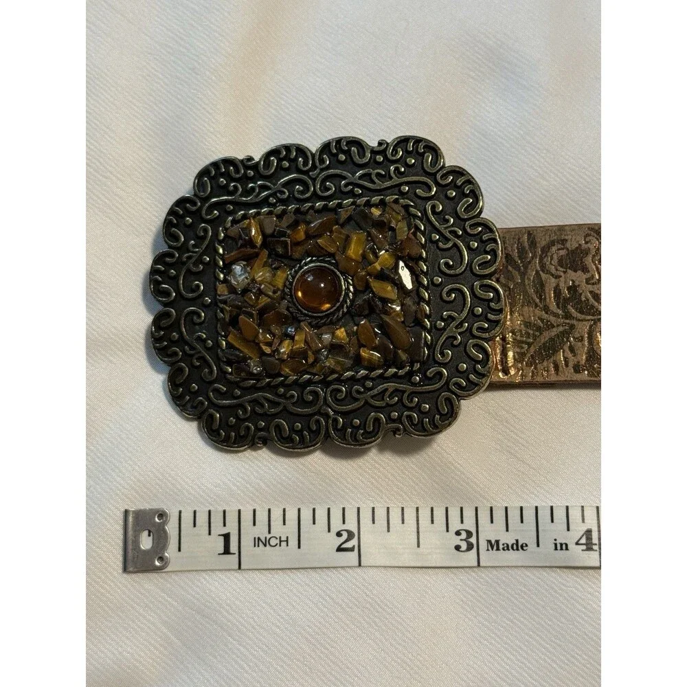 Boho Leather Belt Stone Mosaic Buckle Embossed Brown Wide Western Festival  S